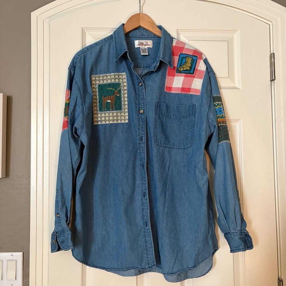 ASHLEY HILL Vintage Blue Denim Patchwork Shirt Size XL 100% Cotton Button Down